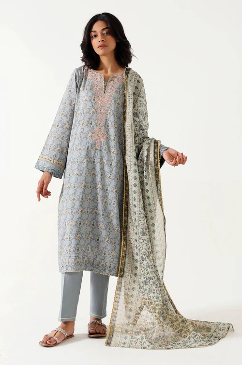 Stitched 3 Piece Embroidered Lawn with Organza Suit
